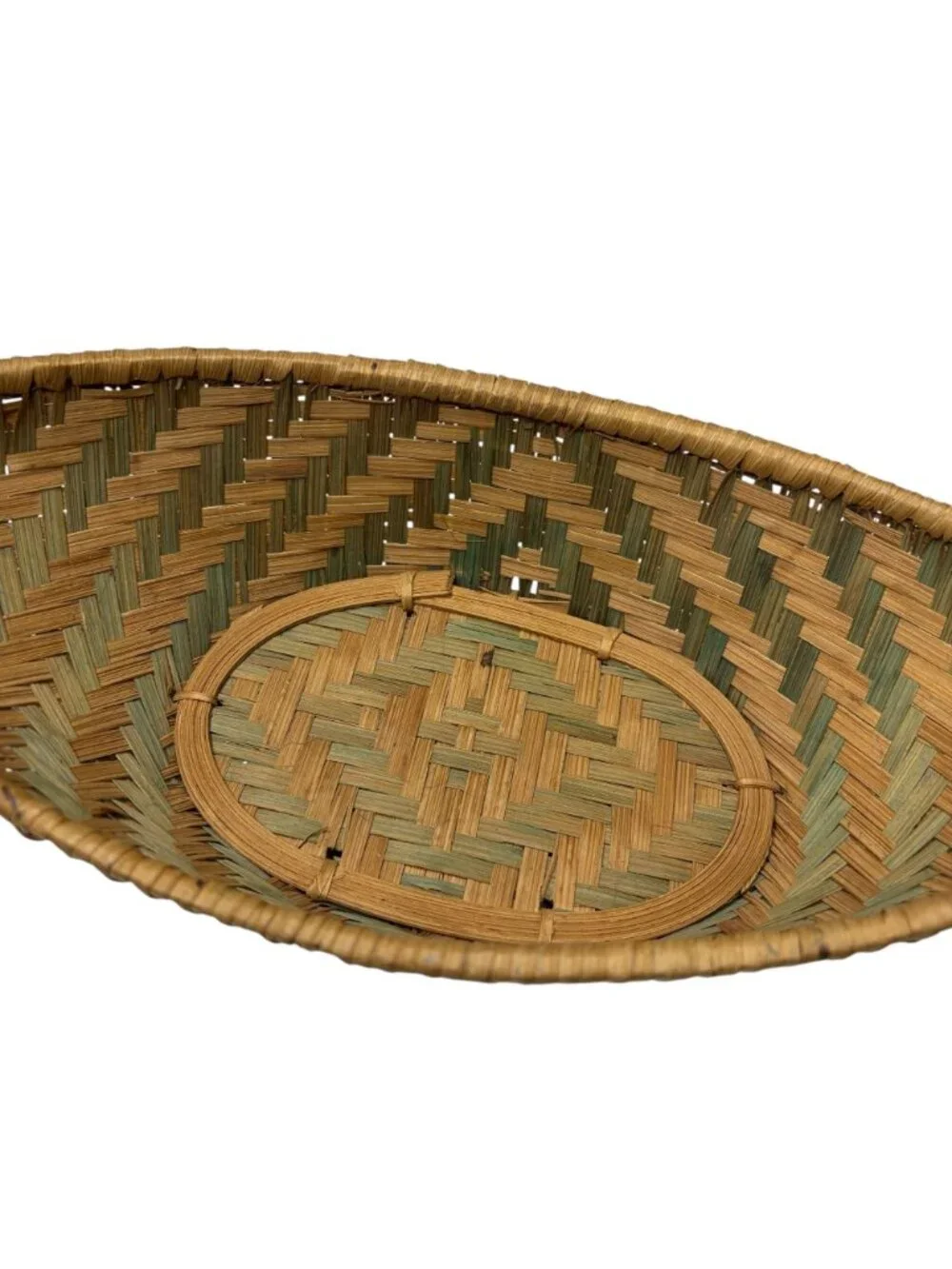 Vintage Handwoven Oval Bread Basket Geometric Green Natural Split Reed Boat Tray